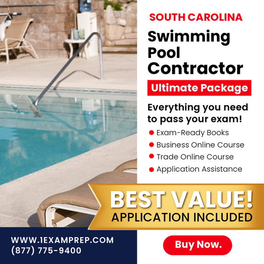 South Carolina Swimming Pool Contractor Ultimate Exam Prep Package, includes exam-ready books, a business online course, trade online course, and application assistance.