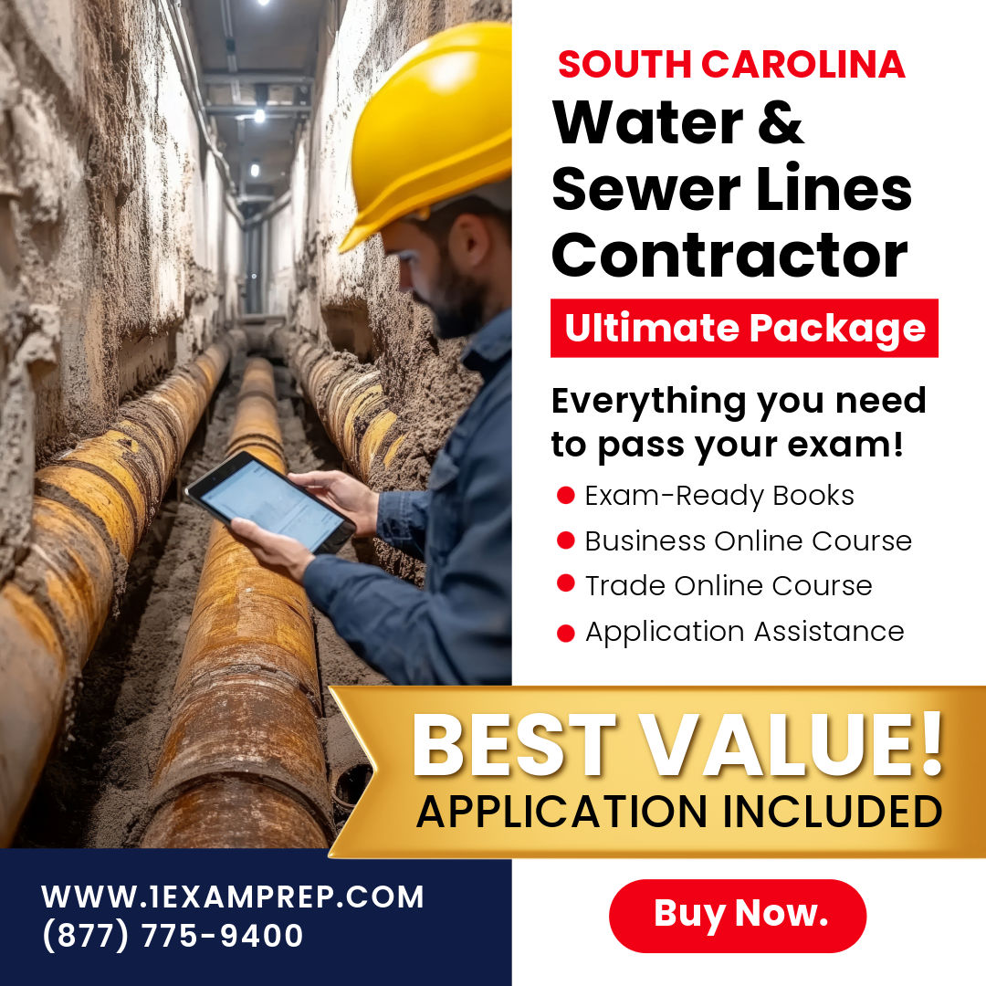 South Carolina Water and Sewer Lines Contractor Ultimate Exam Prep Package, includes exam-ready books, online courses, and application assistance.