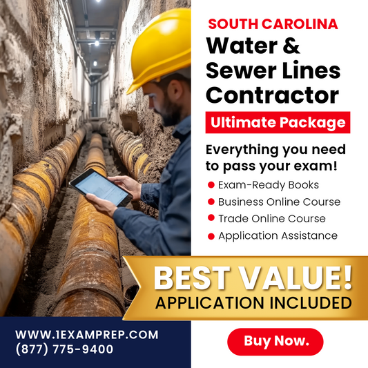 South Carolina Water and Sewer Lines Contractor Ultimate Exam Prep Package, includes exam-ready books, online courses, and application assistance.