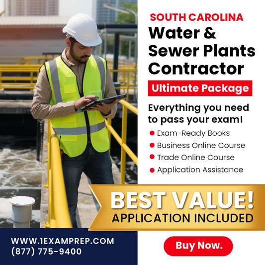South Carolina Water and Sewer Plant SContractor Ultimate Exam Prep Package, includes exam-ready books, online courses, and application assistance.