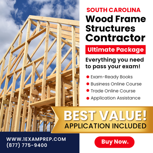 South Carolina Wood Frame Structures Contractor Ultimate Exam Prep Package, includes exam-ready books, business online course, trade online course, and application assistance.