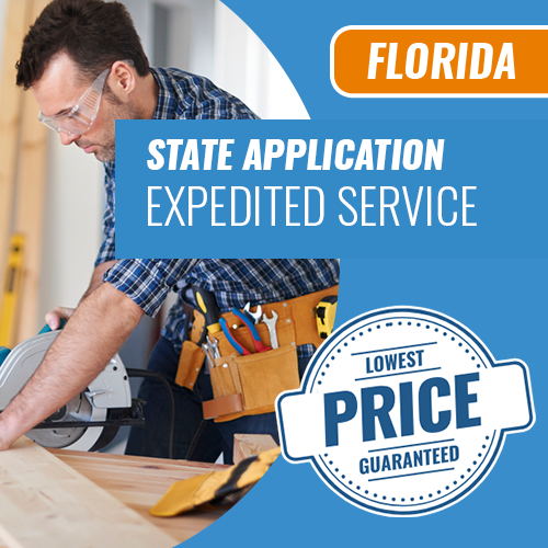 Best application service when taking final steps in becoming a contractor in Florida. Blue square with general contractor working. Orange label to show florida state.