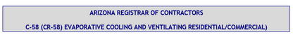 Arizona C-58 (CR-58) Paquete de libro de examen para contratistas de calefacción de aire caliente, refrigeración y ventilación por evaporación (residencial/comercial)