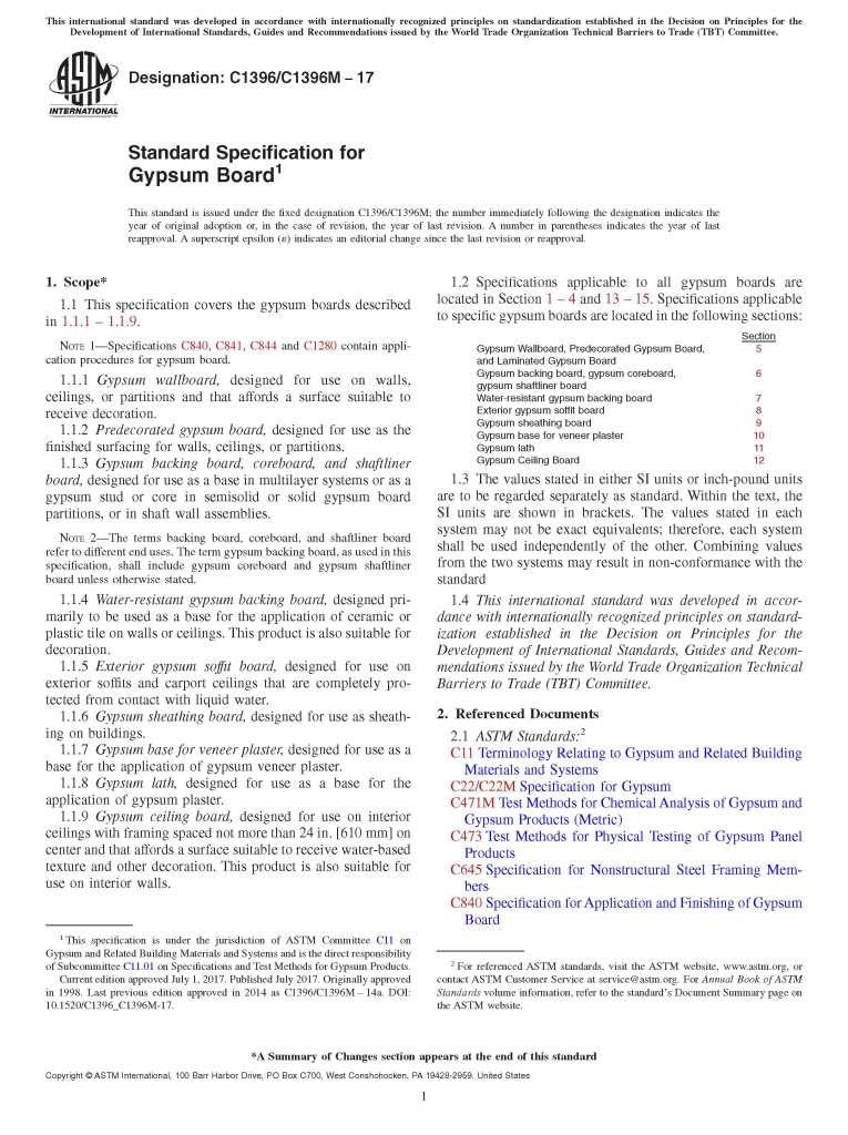 ASTM C1396-17 Standard Specification for Gypsum Board, 2017