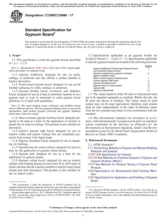 ASTM C1396-17 Standard Specification for Gypsum Board, 2017