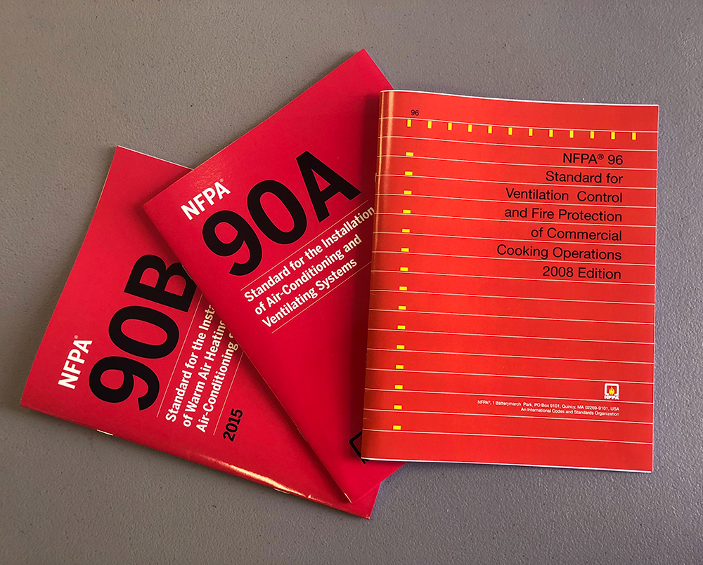NFPA 90A Installation of Air Conditioning and Ventilating Systems, 2015,  NFPA 90B Installation of Warm Air Heating and Air Conditioning Systems, 2015 edition, NFPA 96 Standard for Ventilation Control and Fire Protection of Commercial Cooking Operations
