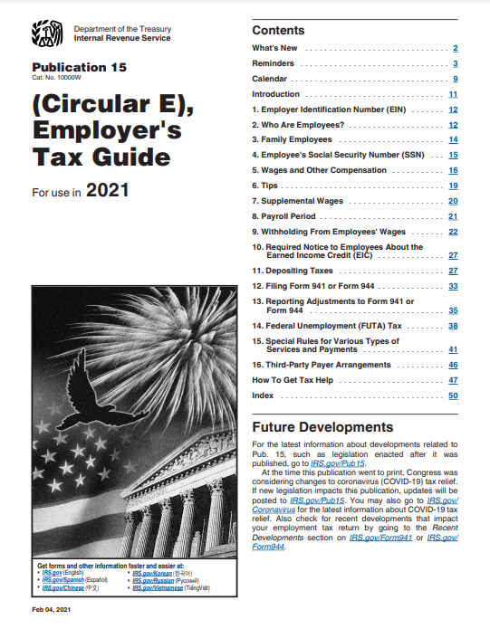 IRS Circular E, Employer's Tax Guide, Publication 15, 2021 Edition; Highlighted & Tabbed